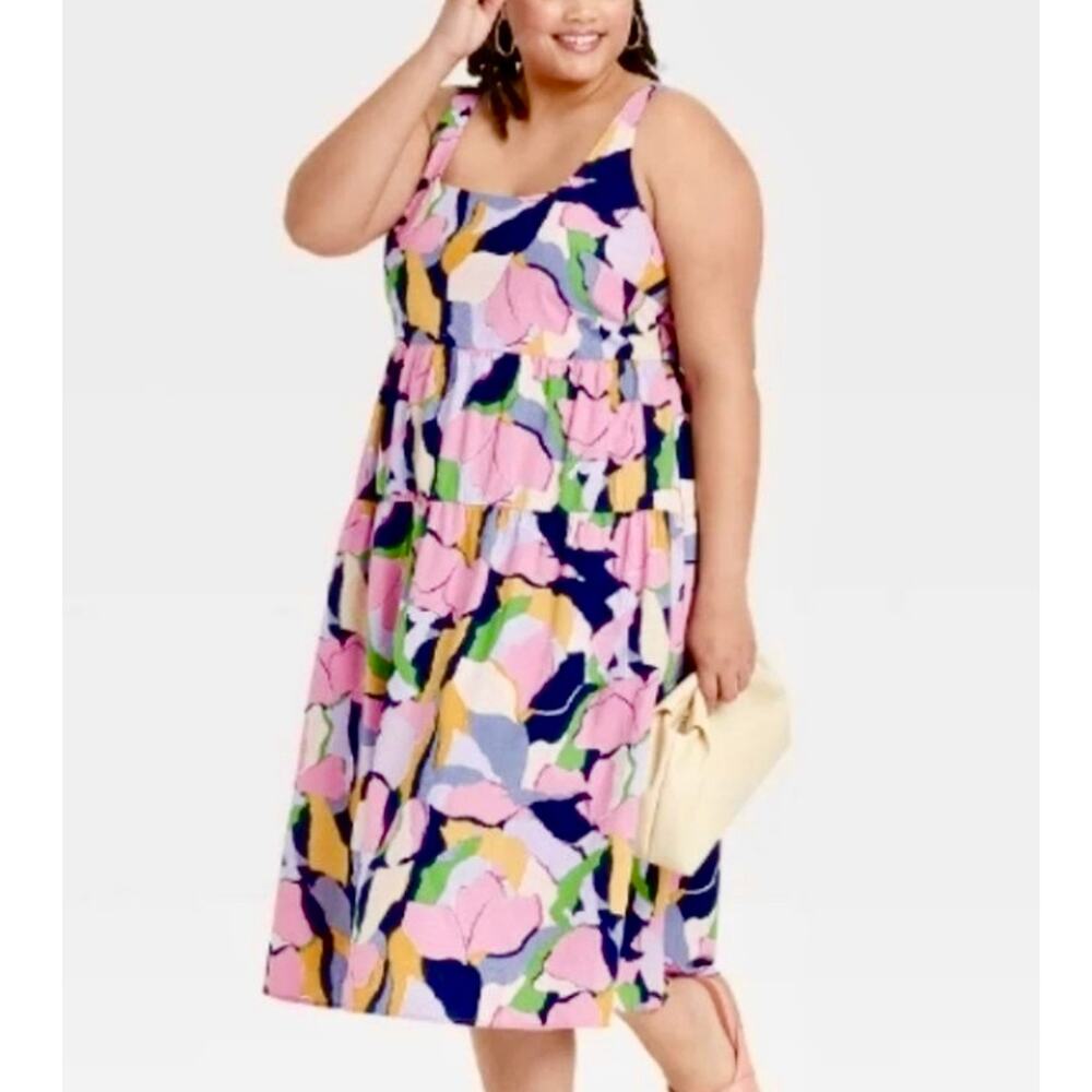 Ava & Viv Smocked Midi Dress Womens Size 2X Colorful Floral Tie Back Tiered